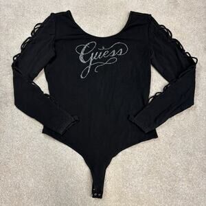 GUESS Black Long Sleeve Thong Bodysuit Rhinestone Logo Size XL